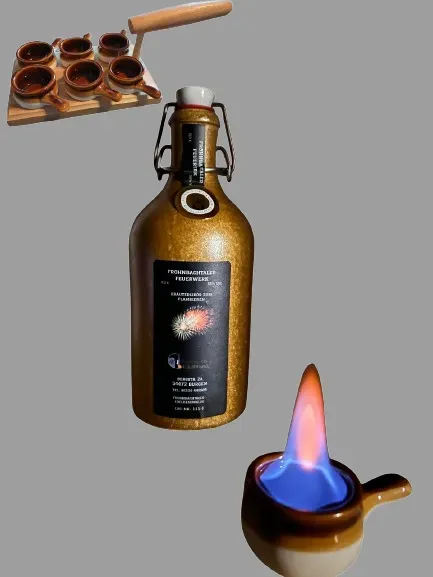 Kräuterlikör Feuerwerk 0,5l im Bembel (56% vol) zum flambieren mit 6 Keramikpfännchen